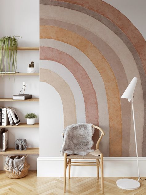 Wall Decal 1018 RAINBOW Terracotta Mural Peel & Stick Fabric Vinyl Kids Bedroom Bohemian Nursery Playroom Décor Watercolor Art Boho Rainbow - Etsy Terracotta Mural, Earth Tone Rainbow, Rainbow Mural, Bedroom Bohemian, Bohemian Nursery, Nursery Playroom, Rainbow Nursery, Nursery Inspo, Rainbow Wall