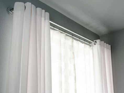 Learn how to use easy-to-assemble metal pipes to add an industrial flair to your window treatments. Double Rod Curtain Ideas, Double Curtain Rod Ideas, Curtain Rod Ideas, Double Shower Curtain Rod, Double Window Curtains, Curtains Double, Pipe Curtain Rods, Double Curtain Rods, Double Shower Curtain