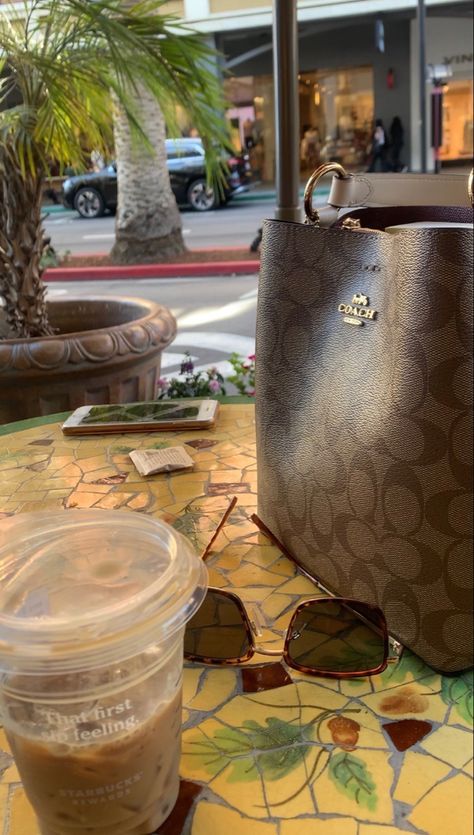 iced coffee purse coach sunglasses brown bag aesthetic shopping starbucks Bucket Bag Aesthetic, Coach Bucket Bag Outfit, Coach Tote Bag Aesthetic, Coach Tote Bag Outfit, Brown Bag Aesthetic, Coach Purse Outfit, Coach Bag Aesthetic, Coach Shopping Bag, Bucket Bags Outfit