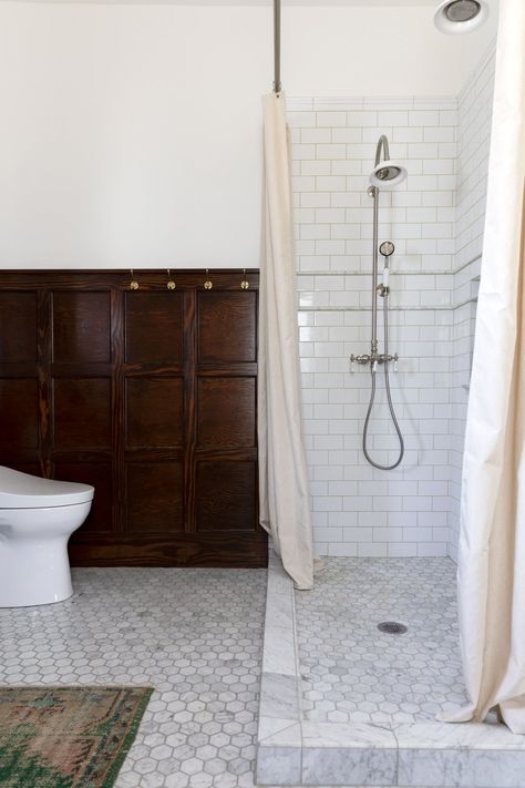 Historic Bathroom Remodel, Farmhouse Primary Bathroom, Primary Bathroom Remodel, Historic Bathroom, Hexagon Marble Tile, The Grit And Polish, Grit And Polish, Bathroom 2024, Vintage Bathtub