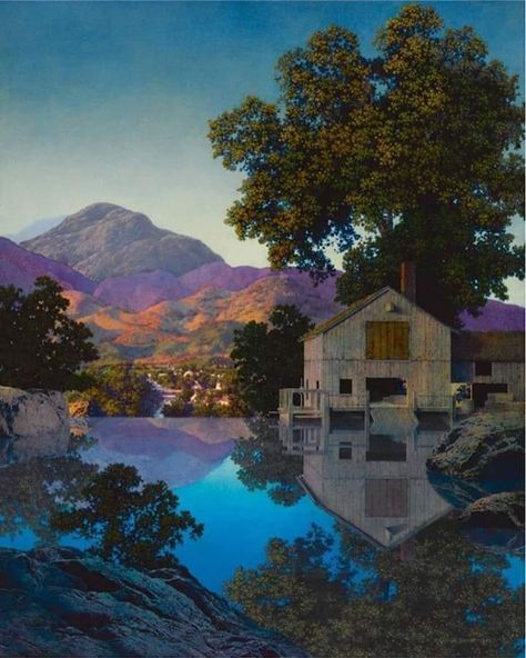 Maxfield Parrish, The Mill Pond, 1945 Private collection #maxfield #parrish #maxfieldparrish #mill #pond #millpond #themillpond #america… Pinturas Art Deco, Maxfield Parrish, Richard Diebenkorn, Art Deco Print, Wow Art, Jackson Pollock, Caravaggio, Keith Haring, Mini Canvas Art