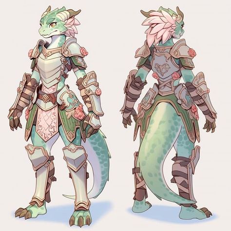 Dnd Art Dragonborn, Dragonborn Dnd Character Design, Pink Dragonborn, Green Dragonborn Dnd, Dnd Kobold Character Art, Dnd Dragonborn Character Design, Dragon Born Character Design, Lizard Fursona, Dragon Armor Female