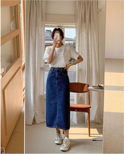 Envy Look Monica Denim Long Skirt | Denim for Women | KOODING | Moda discreta, Moda envangelica, Saias Korean Fashion 2023 Summer, Korean Clothing Style Summer, Korean Fashion For Summer, Korean Style Inspiration, Long Maong Skirt Outfit, Fashionable Summer Outfits, Korean Style For Summer, Korean Fashion Skirt Long, Korean Style Skirt Outfit