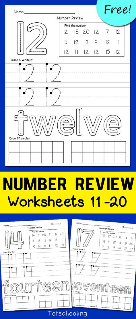 FREE printable set of worksheets to review teen numbers up to 20. Great for kindergarten kids who are learning how to write and recognize larger numbers. No-prep worksheets. Number 11 Worksheet Kindergarten, Numbers As Words Worksheet, 11-20 Worksheets Free, 10-20 Worksheets, Teen Numbers Worksheet, Kindergarten Numbers Worksheets, Kindergarten Math Free Printables, Numbers 11 20 Kindergarten, Write Numbers 1-20 Free Printable