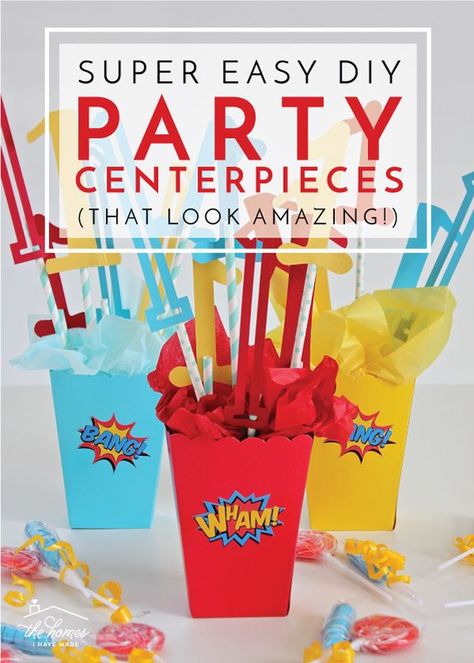 No matter the theme, no matter the occasion, use this formula to create super simple DIY Party Centerpieces that look amazing! Superhero Party Table Centerpieces, School Party Centerpieces, Diy Birthday Table Centerpieces, Superhero Party Centerpieces, Superhero Centerpiece Ideas Diy, Kids Party Centerpieces Diy, Superhero Centerpiece Ideas, Fun Centerpieces For Party, Simple Birthday Centerpieces