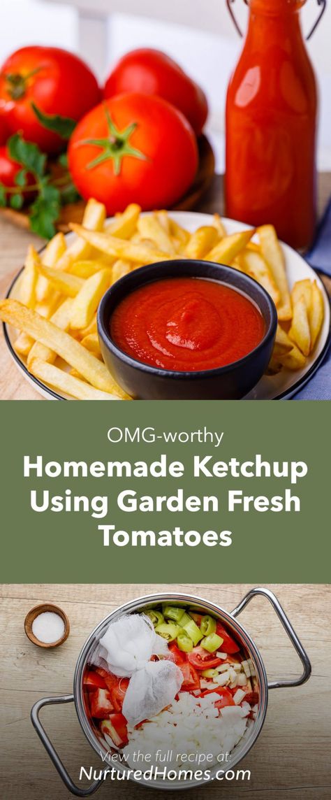 OMG-worthy Homemade Ketchup Using Garden Fresh Tomatoes - Nurtured Homes Ketchup Recipe Fresh Tomatoes, Freezing Cherry Tomatoes, Tomato Side Dishes, Homemade Ketchup Recipes, Spicy Ketchup, Ketchup Recipe, Fresh Tomato Recipes, Homemade Ketchup, Homemade Condiments