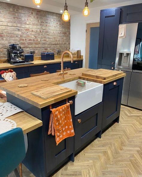 The Range on Instagram: "@therangekitchens A blue-tiful kitchen... 💙 💎 ✨ 🤔 Did you know that we now sell kitchens? Here's a recent customer kitchen designed by our Stockport team 👉 the Jonas & James Chatsworth collection in the colourway indigo with solid wood European Oak worktops 😍😍😍 - a truly stunning combo! AND now offering FREE design appointments >> visit jonasandjames.co.uk/book-an-appointment to book yours. #jonasandjames #therange #therangekitchens #kitchen #kitchendesign" Dark Blue Kitchen Wooden Worktop, Navy Kitchen Oak Worktop, Navy Kitchen With Wood Worktop, Solid Wood Worktop Kitchen, Navy Kitchen Cabinets Wood Countertops, Oak Worktops Kitchen, Navy And Wood Kitchen Ideas, Blue Kitchen Oak Worktop, Navy Kitchen Cupboards