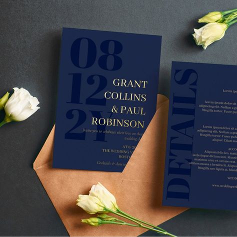 Elegant typography wedding invitation in navy blue with your wedding date in large dark blue numbers down the side of the invitation. Add names and wedding wording in gold foil. Gold foil and dark blue wedding invitation with your names in a large font. Double sided wedding invitation with your invitation in gold foil on one side, and your wedding details printed with a tan color on navy blue on the other side. Wedding Invitation Dark Blue, Blue Christmas Invitation, Midnight Blue Wedding Invitation, Navy Blue White And Gold Wedding Invitations, Navy Wedding Stationary, Navy Save The Date, Dark Blue Wedding Invitations, Event Stationary Design, Dark Blue And Gold Wedding