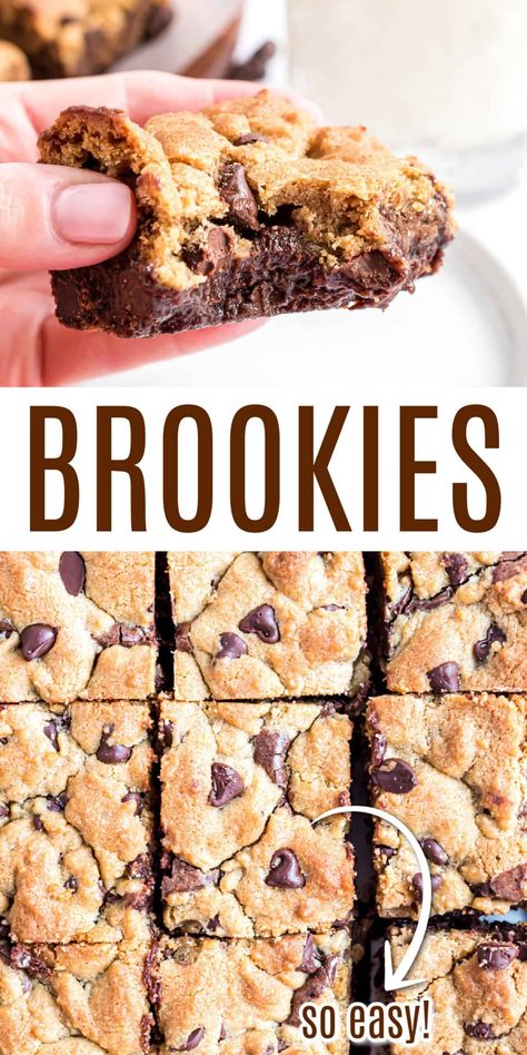 Is it a cookie? A brownie? These giant Brookies are both! This recipe takes gooey chocolate chip cookies and marries them to fudgy brownies for the ultimate treat! Dessert With Brownies, Bro Okie Recipe, Air Fryer Brookies, Chocolate Chip Cookie Desserts Ideas, Brookies Recipes Easy, Homemade Brookie Recipe, How To Make A Brookie, Brookie Cookie Recipe, Homade Desserts Recipes Easy