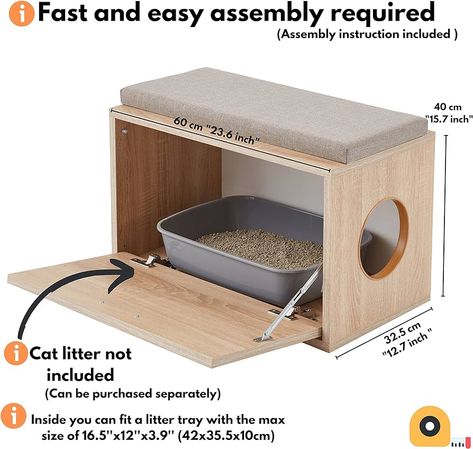 Versatile Cat Litter Box Enclosure 23.6'' (60cm) Wide, Hidden Cat Furniture & Dog House Indoor with Side Entry, Sonoma Oak Beige Entryway Bench with Cushion on Top : Amazon.co.uk: Pet Supplies Beige Entryway, Dog House Indoor, Ikea Cat, Hiding Cat Litter Box, Hidden Litter Boxes, Cat Furniture Design, Stylish Entryway, Bench With Cushion, Chat Diy