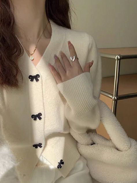 Women`S Casual Bow Decor Open Cardigan, Spring Autumn White Casual  Long Sleeve Polyester Textured Pattern  High Stretch  Women Clothing, size features are:Bust: ,Length: ,Sleeve Length: Cropped Cardigan Sweater, Bow Decor, Short Cardigan, Áo Len Cardigan, Window Shopping, Petite Women, Open Cardigan, White Casual, Hair Accessories For Women