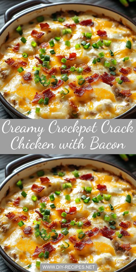 Enjoy a creamy and cheesy meal with this crack chicken recipe. Slow-cooked with ranch seasoning, cheddar, and bacon for maximum flavor! Crockpot Recipes Chicken Bacon Ranch, Crockpot Recipes Shredded Chicken, Chicken Bacon Ranch Potato Crockpot, Cheesy Ranch Chicken Crockpot, Fast And Easy Keto Dinners, Chicken Bacon Ranch Crockpot Recipes, Crockpot Chicken And Hashbrown Recipes, Slow Cook Chicken Breast Recipes, Cheesy Chicken Crockpot Recipes