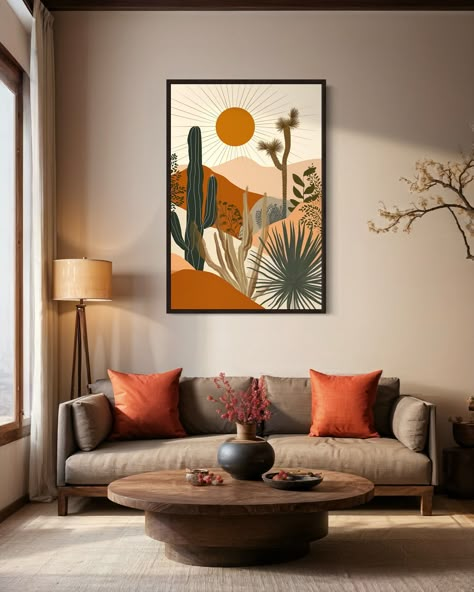 Add a touch of boho charm to your home with this stunning Boho Saguaro Cactus Wall Art. Featuring a cactus in the desert with the sun in the background, this canvas print captures the serene beauty of desert landscapes. The intricate details and vibrant colors make this artwork a perfect focal point for your living room, bedroom, or any space that embraces a bohemian aesthetic. Available framed and ready to hang, this piece offers a stylish and convenient way to elevate your decor. MEASURE YOUR Boho Cactus Wall Art, Cactus Living Room Decor, Modern Southwest Living Room, Desert Aesthetic Decor, Cactus Living Room, Desert Modern Decor, Western Apartment, Desert Boho Decor, Modern Boho Living Room Decor