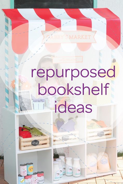 If you’ve got an unused bookshelf lying around, you might be surprised by the creative ways you can use it in your toddler’s play area. Check out these repurposed bookshelf ideas—our favorite is this personalized play market filled with fake food and market items. The bookshelf is the perfect height for your little one! Repurposed Bookshelf, Bookcase Redo, Upcycle Toys, Old Bookshelf, Toddler Play Area, Dollhouse Bookshelf, Montessori Bookshelf, Old Bookshelves, Dress Up Storage