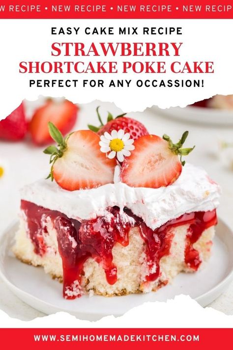 Enjoy a delightful Strawberry Shortcake Poke Cake with this easy recipe! Made with a simple white cake mix, strawberry pie filling, and fluffy whipped topping, this dessert is sure to please. Perfect for summer picnics, family dinners, or anytime you crave a sweet treat. The combination of moist cake, juicy strawberries, and creamy topping makes this poke cake a standout. Make it today and enjoy a delicious twist on the classic strawberry shortcake! Strawberry Pie Cake Recipe, White Cake Mix With Strawberries, Jello Cake Recipe Poke, Strawberry Shortcake Poke Cake, Cake Strawberry Filling, Strawberry Cake Mix Recipes, Easy Strawberry Shortcake Recipe, Jello Cake Recipes, Classic White Cake