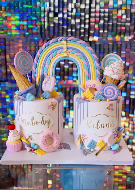 NA Donut Birthday Cake, Modern Birthday Cakes, Twin Birthday Cakes, Candyland Cake, Twins Cake, Rainbow Birthday Cake, Twins 1st Birthdays, Twin First Birthday