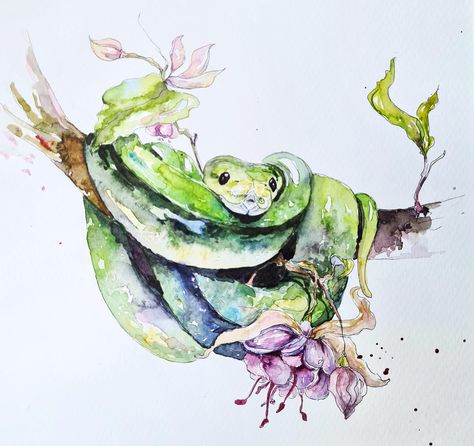 Snake Drawing Watercolor, Green Snake Painting, Watercolor Snake Painting, Cute Snake Painting, Watercolor Snake Tattoo, Green Snake Drawing, Tropical Watercolor Paintings, Snake Canvas Painting, Snake Art Painting