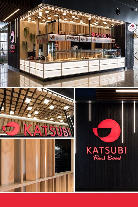 Modern and bold food court tenancy design with back-lit profiles and LED strips highlighting the food displays. The interior design was carefully considered to keep within brand with various use of joinery, feature wall and ceilling - reminiscent of modern Japanese design. Japanese Kiosk Design Sushi, Japanese Food Kiosk Design, Japanese Food Court Design, Japanese Kiosk Design, Foodhall Design, Cafe Kiosk Design, Japanese Kiosk, Food Court Design Ideas, Modern Food Court