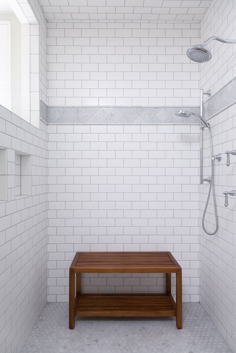 White Matte Subway Tiled Shower with Marble Accent Band, Marble Hexagon Tiled Shower Floor White Tiled Bathroom, White Subway Tile Bathroom, Classic Bathroom Design, Tiled Bathroom, Bathroom Marble, Subway Tile Showers, Subway Tiles Bathroom, Room For Tuesday, Hexagon Tile