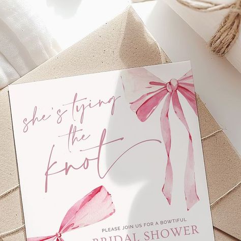 Soirée Design Studio on Instagram: "🎀 Bowtiful Brides 🎀 Our “She’s Tying the Knot” bridal shower invite and thank you card set will make your celebration extra special.

Link in bio to shop!

_____

#bridalshower #bridalshowerinvites #shestyingtheknot #bowtheme #pinkbow #bridetobe #herecomesthebride #invitationdesign #diybridalshower #showerthebride #bridalshowerideas #bridalshowerinspo #weddingstationery #weddingplanning #inspiration #designer #graphicdesign #eventdesigner #eventplanner #graphicdesigner #eventplanning #eventdecor #printables #moderntemplates #minimalistdesigns #luxuryinvitations #custominvitations #stationerydesigner #invitationtemplates #diy" Bridal Shower Inspo, Bridal Shower Diy, Tying The Knot, Here Comes The Bride, Tie The Knots, Custom Invitations, Pink Bow, Bridal Shower Invitations, The Knot