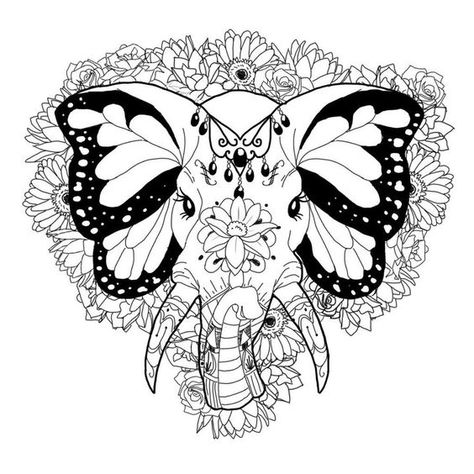 Elephant Butterfly, Elephant Coloring, Elephant Sketch, Dream Catcher Tattoo Design, Elephant Coloring Page, Elephant Tattoo Design, Elephant Colour, Tattoo Templates, Elephant Tattoo