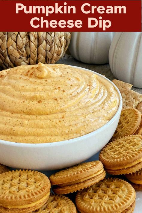 This pumpkin cream cheese dip recipe is an easy dessert dip that tastes like pumpkin cheesecake - without the work! Pumpkin dip with cream cheese is perfect for fall gatherings! via @meamel Cream Cheese Pumpkin Dip Recipe, Fall Pumpkin Dip Recipes, Pumpkin Recipes Appetizers, Pumpkin Cheese Dip, Halloween Snacks For Work Party, Easy Pumpkin Dip With Cream Cheese, Thanksgiving Fun Recipes, Pumpkin Dip With Ginger Snaps, Fall Cheese Appetizers