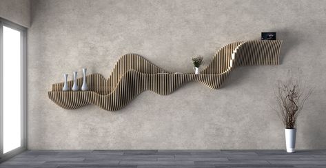 This  Parametric Wavy Wooden Wall Mounted Shelf art awesome piece will enhance the room. The acoustic parametric design Home Decor that you are looking for. Floating Shelf Parametric Wall Piece : The Wave-patterned wood, perfect decoration for every part of your homeWith simple modern wall art design and suitable size, you can hang it anywhere in your home. It can also be used to make a difference in many areas such as offices, shops, hairdressers, cafes, hotels, etc. ☆Material: High-Quality Premium MDF Wood ☆I can make the product in any color and size you want. ☆You can visit my store for my other products. FIRST DIMENSIONS: 220 x 95 x 27 cm (87" x 38" x 11") (width - height - depth) (Wood thickness: 12 mm Spaces: 12 mm Slices: 63) , Depth is constant in all dimensions : depth (27 cm) (1 Parametric Design Pattern, Wavy Shelf, Wavy Wall, Parametric Wall, Wall Mounted Shelf, Shelf Floating, Wall Piece, Parametric Design, Cafe Interior Design