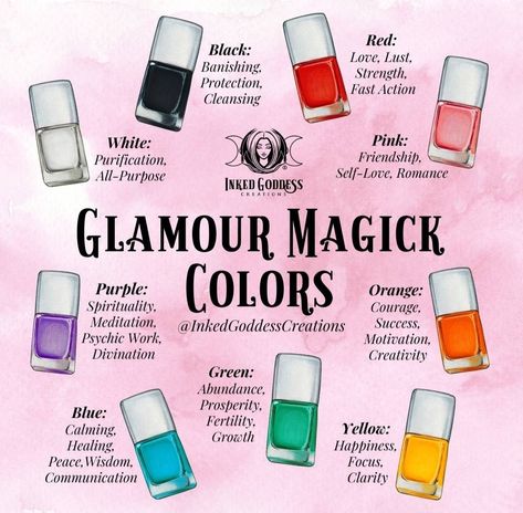 Nail Polish Color Magick, Nail Color Magick, Nail Magic Witch, Color Corespondents Witchcraft, Nail Color Meaning Witchcraft, Color Magic Witchcraft Nails, Witchy Nail Colors, Glamour Magick Colors, Manifesting With Colored Ink