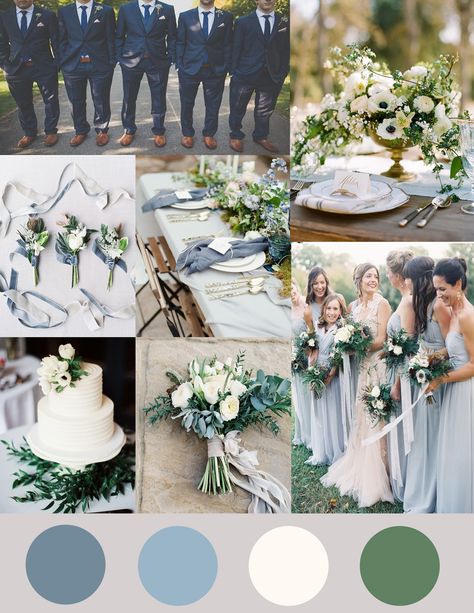 Shades of Dusty Blue, Ivory and Greenery Wedding Wedding Color Schemes Summer, Wedding Color Palette Summer, Wedding Colors Blue, Dusty Blue Weddings, Wedding Inspiration Board, Wedding Theme Colors, Wedding Color Palette, Blue Bridesmaids, Wedding Color