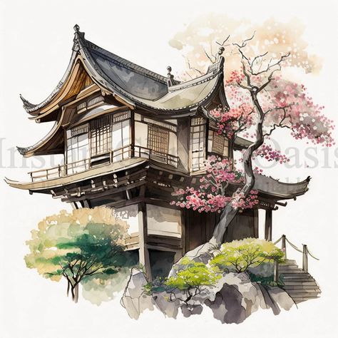 Japanese House Clipart 10 High Quality Jpgs Watercolor Art - Etsy Canada Japanese House Watercolor, Japanese Home Illustration, Drawing Japanese House, Japanese Houses Drawings, Traditional Japanese House Drawing, Japanese Building Art, Buildings Aesthetic Drawing, Japan House Drawing, Japanese House Sketch