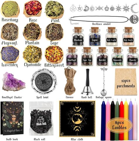 Amazon.com: Witchcraft Supplies Kit for Spells, 56 PCS Witch Box Include Dried Herb Crystal Candles Amethyst Cluster Parchment, Wiccan Supplies and Tools, Beginner Witchcraft Kit Witch Stuff for Pagan Rituals : Health & Household Cheap Witchcraft Supplies, Pagan Herbs, Wiccan Knowledge, Witchcraft Items, Witchcraft Kit, Wiccan Supplies, Rituals Witchcraft, Witchcraft Rituals, Beginner Witchcraft