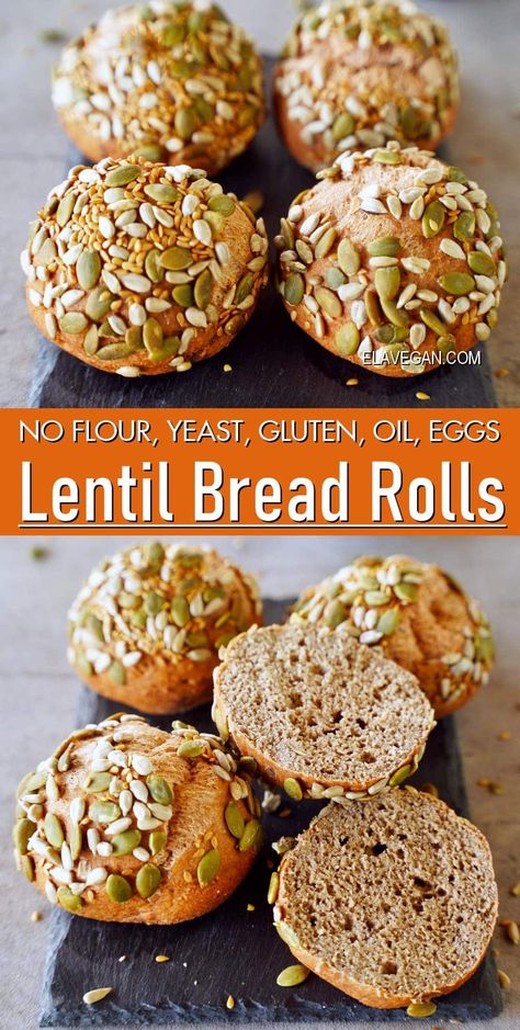 Swap regular bread for quick and easy, wholesome, high-fiber, protein-rich lentil bread rolls. They’re soft, slightly chewy, crusty, and free from flour, grains, gluten, eggs, dairy, yeast, oil, and sugar! Lentil Bread, Ella Vegan, Lentils Protein, Fiber Bread, Yeast Free Breads, Grain Free Bread, Dried Lentils, Protein Bread, Vegan Main Dishes