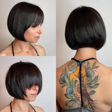 Flawless Short Black Concave Bob Rounded Bob Haircut, Rounded Bob, Langer Pony, Concave Bob, Bob Ideas, Hairstyles Trending, Chin Length Haircuts, Blonde Bob Haircut, Dark Brunette Hair