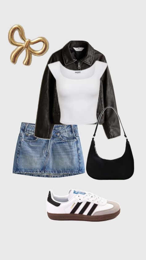 mini skirt, SEO, Sambas, Adidas, leather jacket, crop top, trendy, viral Jacket Crop Top Outfit, Skirt And Sambas, Adidas Leather Jacket, Sambas Adidas, Crop Top Outfit, Jacket Crop, Crop Top Outfits, Mini Skirt, Crop Top