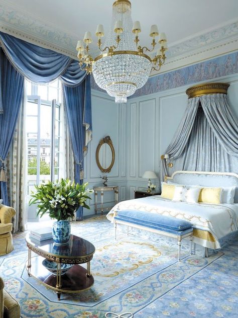 A regal blue bedroom inspired by Disney's 2015 Cinderella movie.- Pinned by #AngelicaAngeli - angelicaangeli.com Shangri La Hotel, Elegant Bedroom, Dreamy Bedrooms, घर की सजावट, Blue Rooms, Hotel Decor, Blue Bedroom, Blue Walls, Beautiful Bedrooms