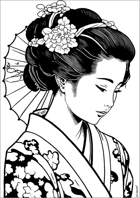 Dreamy Geisha - A pretty Geisha, very realistic, to color. This coloring page is both elegant and charming. Let your imagination run wild and add beautiful colors to her kimono, her parasol and the flowers on her headband.. From the gallery : Japan. Artist : IAsabelle. Keywords : Woman, Geisha. Dreamy Geisha - Just Color : Discover all our printable Coloring Pages for Adults, to print or download for free ! Japanese Geisha Drawing, Geisha Drawing, Art Geisha, Geisha Art, Japanese Drawings, Coloring Art, Asian Painting, Soyut Sanat Tabloları, Japanese Geisha