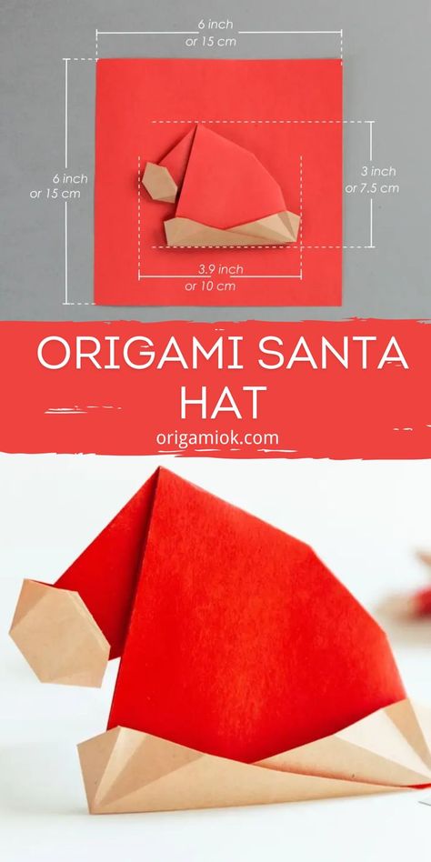 Make your own origami Santa hat with a few simple steps, The top of the hat droops down and looks very cute. You can use it as a decoration, hang it on the window, doors, or the Christmas tree, to warm your house. Moreover, using it to decorate cards will also touch the friends who receive it. If you want to actually wear it on your head, use a large piece of paper to fold it. Christmas Origami Cards, How To Make A Paper Cone, Christmas Origami Easy, Paper Santa Hat, Winter Origami, Origami Santa Hat, Watermelon Carving Easy, Diy Santa Hat, Origami Santa