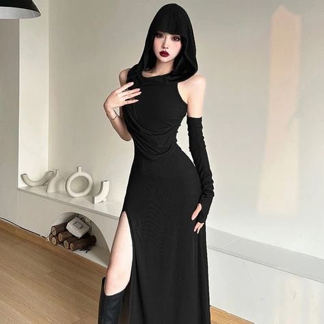 Dresses | Punk Ruched Split Dress With Hood And Oversleeve Black Size Xss 24 Us | Poshmark 39 Birthday, Dress With Hood, Plain Maxi Dress, Basic Skirt, Style Dark, Cutout Maxi Dress, Hooded Dress, Split Dress, Khaki Dress