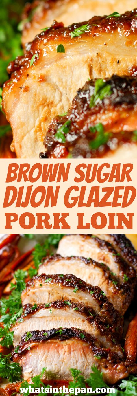 Brown Sugar Dijon Glazed Pork Loin is juicy on the inside and crusty on the outside. We roasted our pork together with carrots and sweet potatoes. #supper #easter #porkloin #brownsugar #dijonmustard Rootabaga Recipes, Jambayla Recipe, Rosoto Recipes, Golosh Recipe, Kolarabi Recipes, Gulosh Recipe, Loafs Recipes, Codfish Recipes, Brisquet Recipes