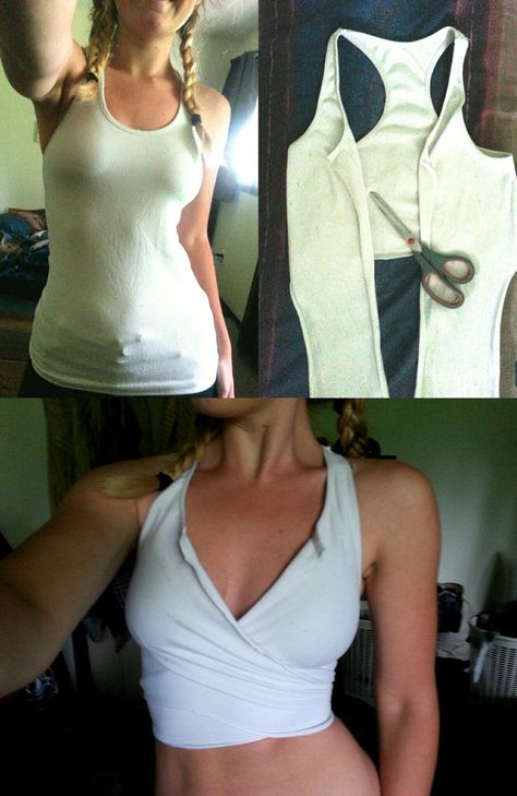 Turn Tank Top Into Crop Top, Turning T Shirt Into Tank Top, How To Make Your Tank Top Tighter, Top Alterations Ideas, Diy Cutout Shirt Tutorials, Upcycling Crop Tops, No Sew T Shirt Hacks, Turning Clothes Into Other Clothes, Turn Dress Into Two Piece Diy