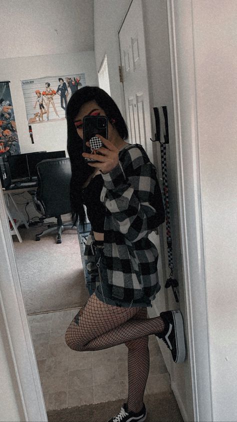 #fishnets #alternativegirl #vans #grungeaesthetic Club Outfits Fishnets, Overalls With Fishnets, Fishnets And Converse, Fishnets With Shorts, Dress With Fishnet Tights, Fishnets Outfit, Shorts And Fishnets, Fishnet Stockings Outfit, Dress With Fishnets