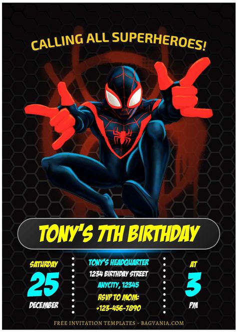 Cool (Free Editable PDF) Ultimate Spiderman Miles Morales Birthday Invitation Templates #free #freeinvitation2019 #birthday #disney #invitations #invitationtemplates Miles Morales Birthday Invitations, Miles Morales Birthday, Spiderman Birthday Party Decorations, Spiderman Birthday Invitations, Spiderman Invitation, Spiderman Miles Morales, Spiderman Miles, Cars Birthday Invitations, Spiderman Theme