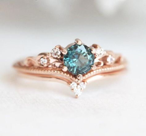 Teal Sapphire Engagement Ring, Round Sapphire Ring #EngagementRings Round Sapphire Engagement Ring, Round Sapphire Ring, Sapphire Antique Ring, Vintage Inspired Engagement Rings, Antique Engagement Ring, Teal Sapphire, Round Sapphire, Diamond Ring Settings, Ring Antique