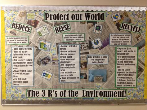 Passive Board: Reduce, Reuse, Recycle. Example of an environmental awareness theme Recycle Bulletin Board Ideas, Reduce Reuse Recycle Bulletin Board, Environmental Science Projects, Recycling Lessons, Eco Club, Environmental Posters, Recycling Activities, Primary School Art, Teaching Esl