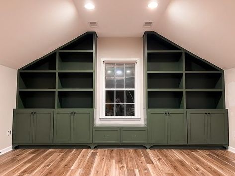 Built In Shelving Bonus Room, Built In On Angled Wall, Bookshelves Attic Built Ins, Built Ins Bonus Room, Closet In Bonus Room Above Garage, Attic Built In Shelves, Bonus Room Reading Nook, Built In Bonus Room, Bonus Room Shelving Ideas