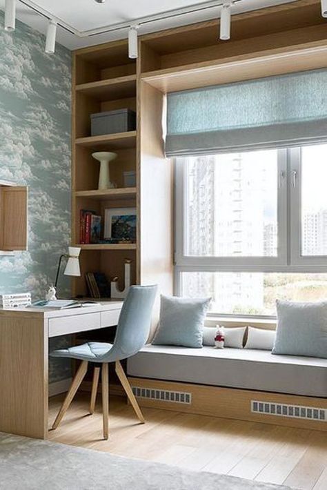 Modern Window Seat Bedrooms, Wardrobe In Bedroom Ideas, Small Window Seat Ideas, Bedroom Window Seat, Window Seat Design, Window Seat Storage, Study Room Design, Kids Interior Room, غرفة ملابس