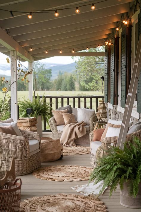 Discover how to design a rustic porch sanctuary with wicker seating, cozy neutral cushions, and blankets. Add jute rugs, potted ferns, and warm string lights for the ultimate countryside-inspired retreat. #RusticPorch #CozySpaces #OutdoorLiving #RusticVibes #HomeDecorInspo #WickerFurniture #NaturalDecor #PorchIdeas #JuteRugs #CountryLiving Western Porch, Sanctuary Design, Potted Ferns, Porch Life, Neutral Cushions, Rustic Porch, Jute Rugs, Outdoor Retreat, How To Design