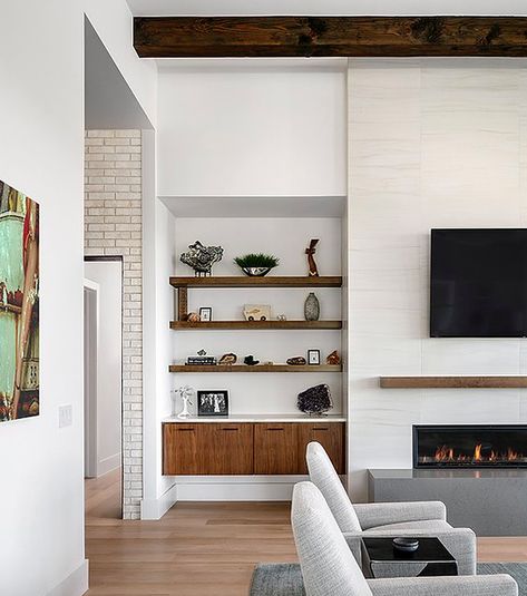 Modern Cabinets Living Room, Modern Built Ins Around Fireplace, Living Room Built Ins Modern, Minimalist Living Room Fireplace, Mid Century Modern Built Ins Bookshelves, Mid Century Built Ins Living Room, Bookshelves In Living Room Modern, Modern Fireplace Built Ins, Modern Living Room Shelves