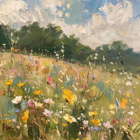 Wildflower Field Oil Painting 38x38 inches, Original and One of a kind Landscape Painting, Wall Decor, Home Decoration Flowers In Field Painting, Grassy Field Painting, Flower Field Oil Painting, Fields Of Flowers Painting, Wildflower Meadow Painting, Beautiful Oil Paintings Landscapes, Flower Fields Painting, Watercolor Field Of Flowers, Wildflower Bouquet Painting