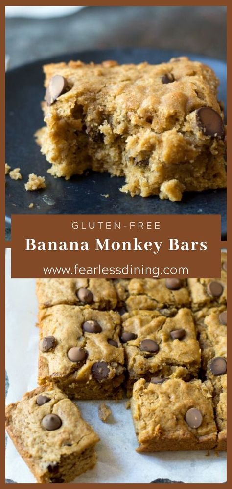 Gluten Free Banana Bars, Bars With Chocolate Chips, Nut Free Desserts, Banana Monkey, Ripe Banana Recipe, Gluten Free Bars, Banana Bars, Gluten Free Banana Bread, Banana Dessert